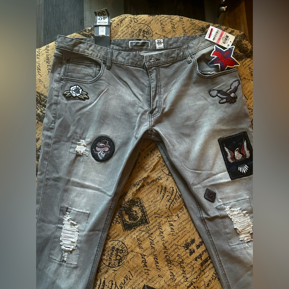 INC International Concepts Gray Skinny Jeans with Distressed Patches